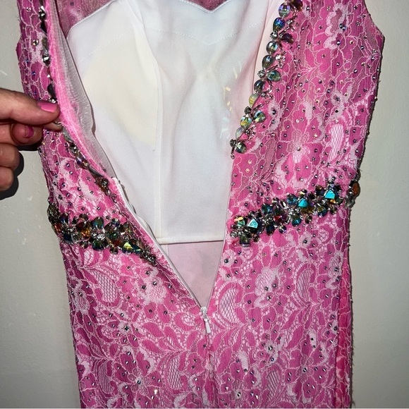 Vienna Prom Pink w/Crystals Vienna 1034 Size 0 Long Lace Prom Dress Pageant Gown - Picture 10 of 16